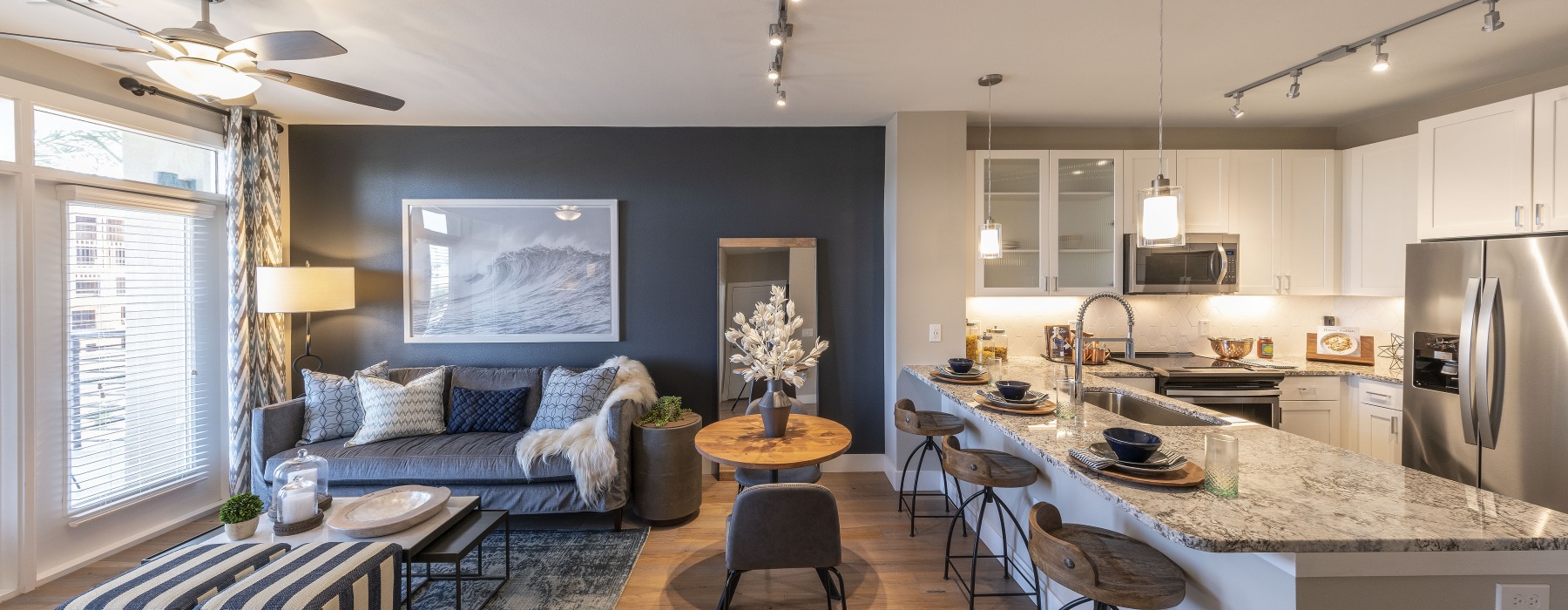 Living room with kitchen view
