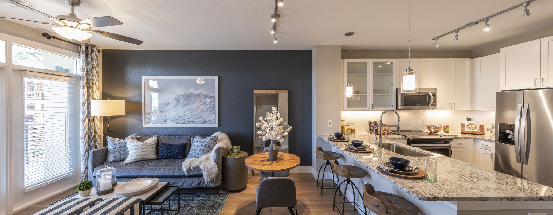 Living room with kitchen view